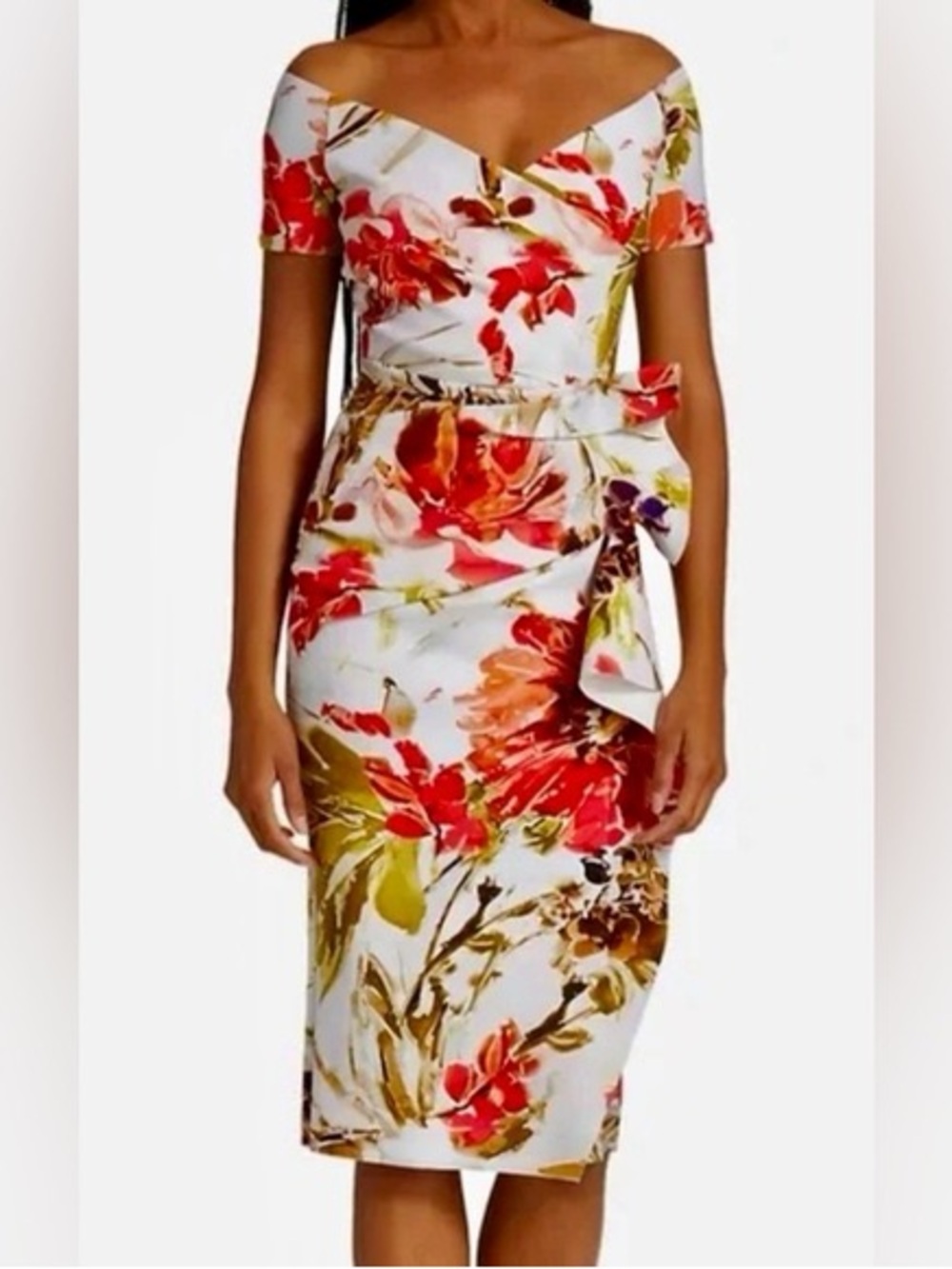 Chiara Boni Ruffle Floral Off-Shoulder Sheath Dress